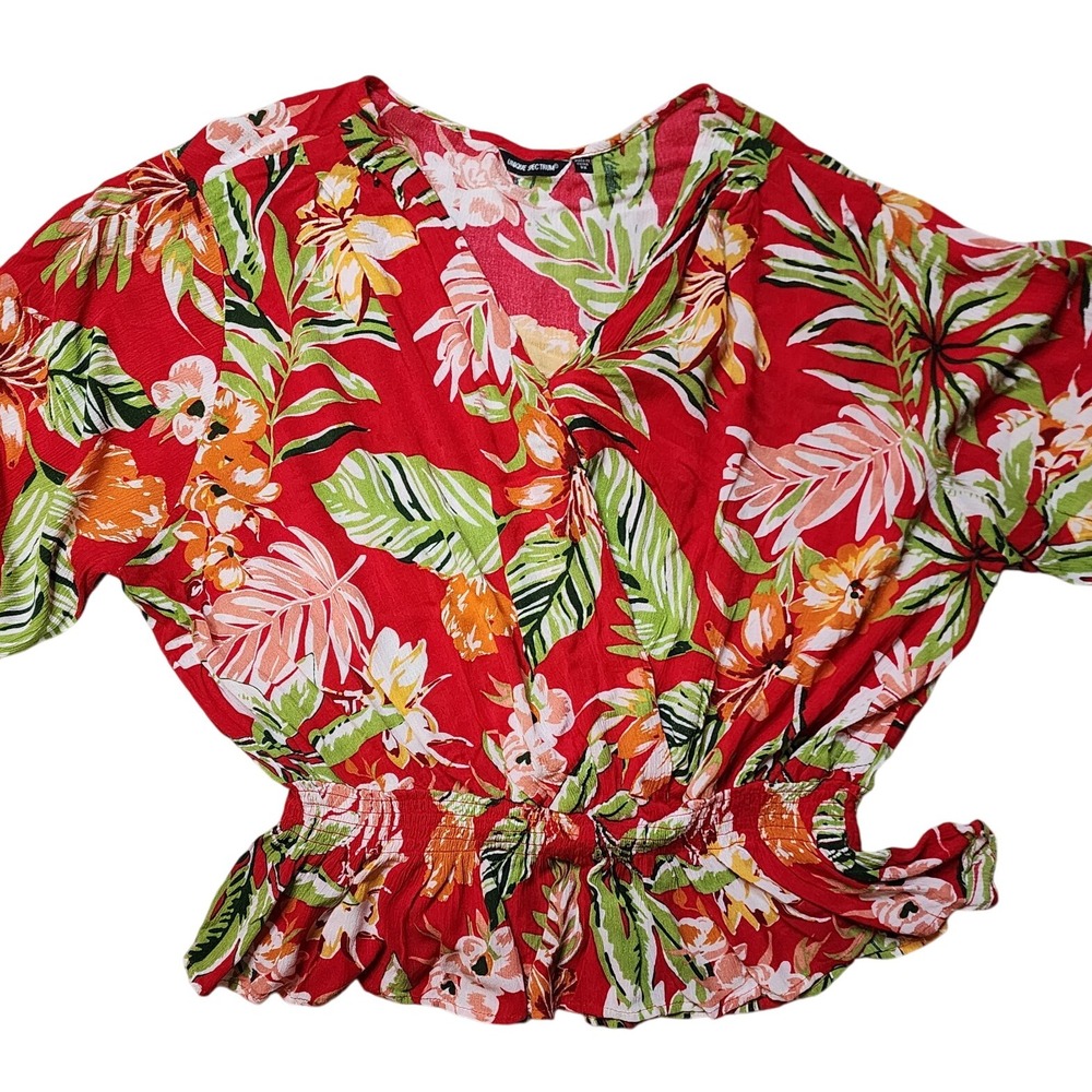 Unique Spectrum Womens Top 3X Red Floral Tropical‎ Peplum V-Neck Ruffle Sleeve